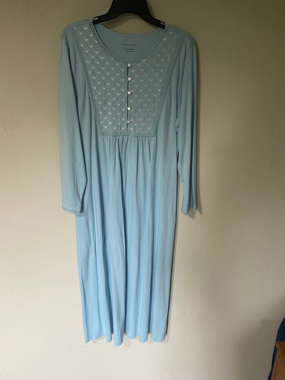 Cuddledown 100% Pima Cotton Embroidered Lace Long Nightgown Blue Ladylike Large